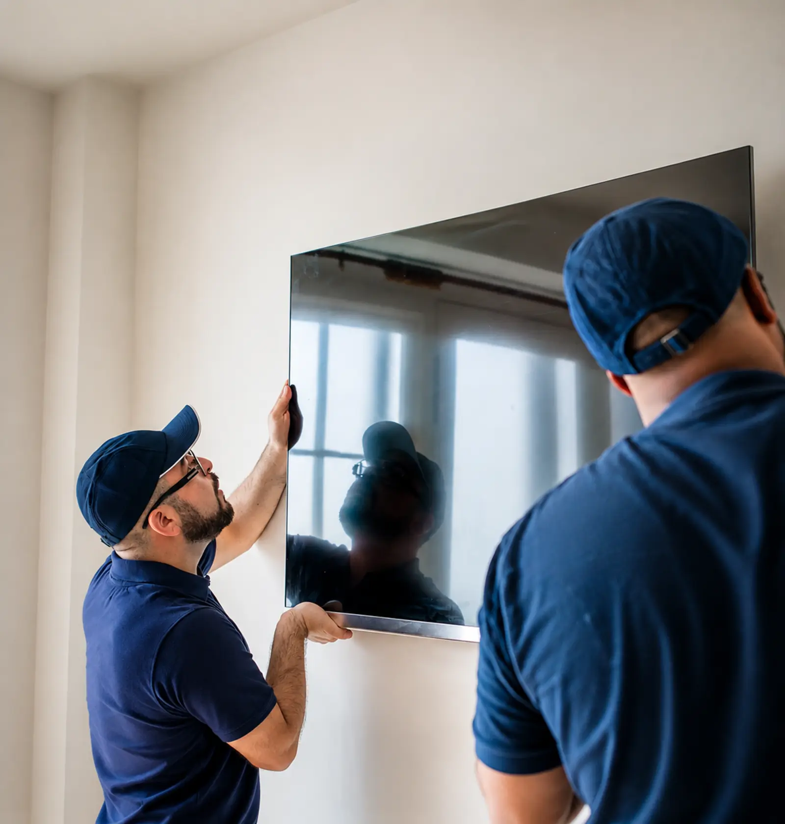 Técnicos realizando la instalación profesional de un televisor